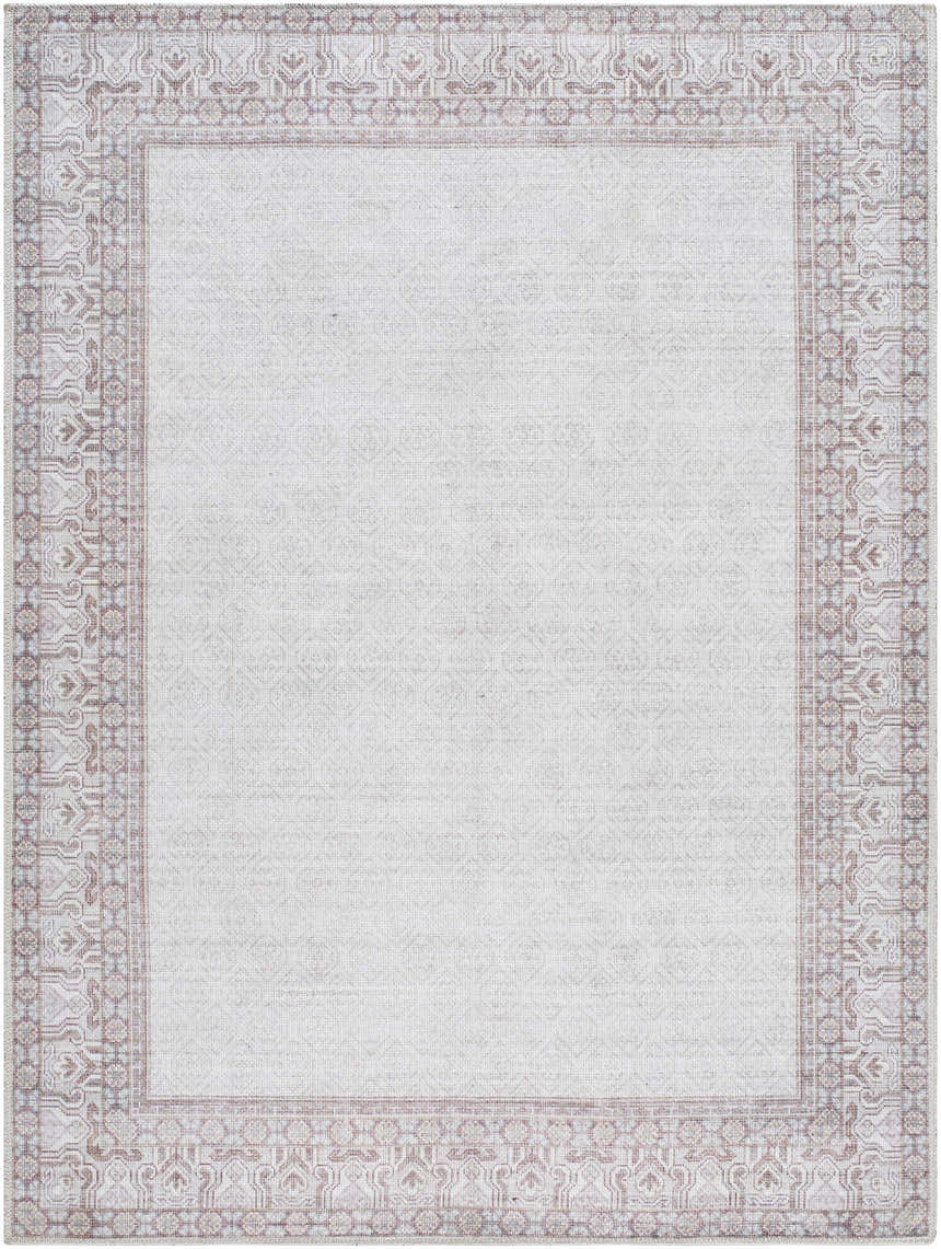Rainier Cottage Border Brown Washable Rug close-up. Cream rug with dark red and blue traditional border pattern. Design-Rectangle-5373