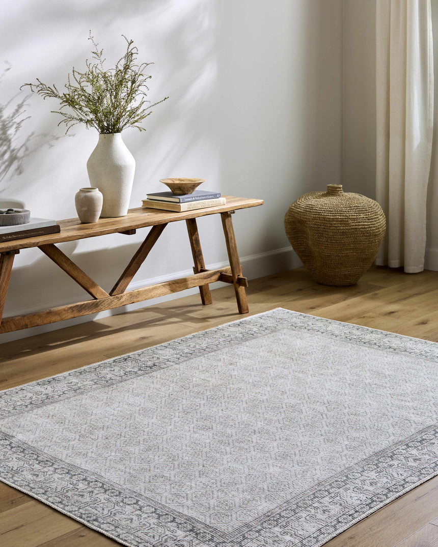 Rainier Cottage Border Gray Washable Rug | Our PNW Home X Livabliss