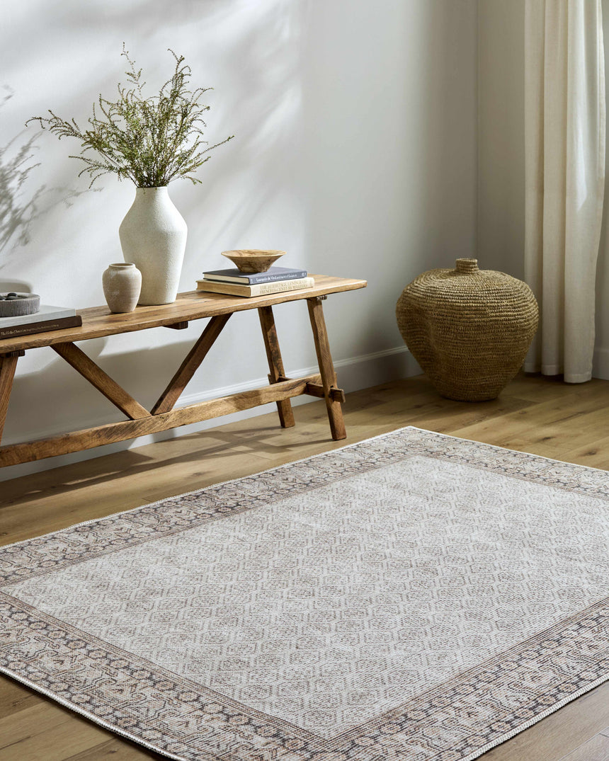 Rainier Cottage Border Beige Washable Rug | Our PNW Home X Livabliss