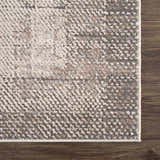 Close-up of Colson Sage area rug showing ash, silver gray, and slate blue tones with a subtle textured pattern. Swatch