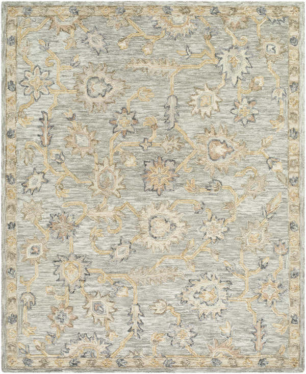 Close-up of the hand-tufted Cedric Oushak Area Rug. Ash, light silver, and off-white floral pattern on a silver gray wool rug. Design-Rectangle-810