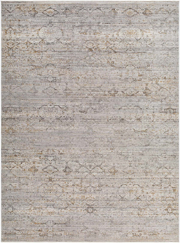 Close-up of the Cemile Area Rug. Machine-woven polyester rug in black, gray, ivory, medium brown, and taupe. Farmhouse style. Design-Rectangle-679