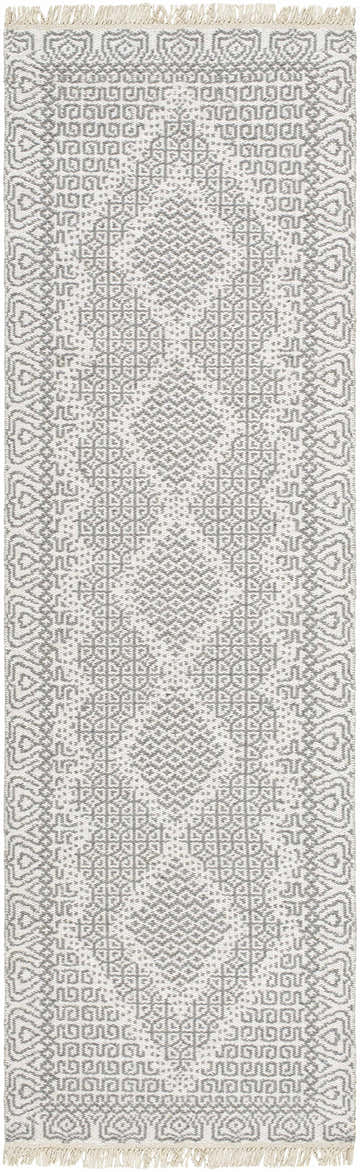 Hand woven Claus Area Rug in bone and cloud gray. Farmhouse style wool runner with geometric pattern. Design-Runner-268
