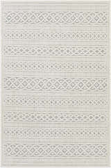 Close-up of Clenchwarton Textured Beige Rug. Features a geometric, bohemian-style pattern in light beige and charcoal. Design-Rectangle-5373