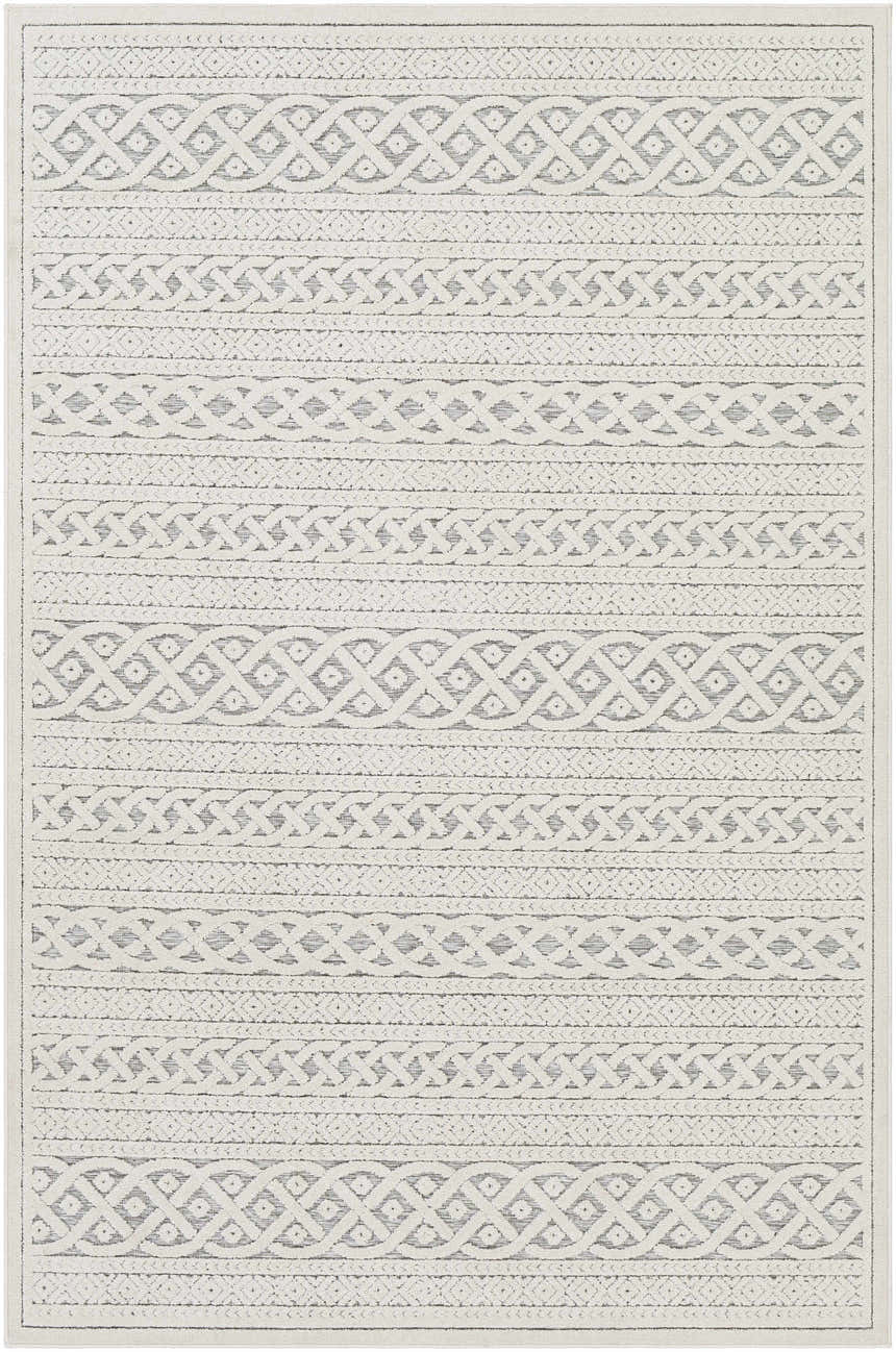 Close-up of Clenchwarton Textured Beige Rug. Features a geometric, bohemian-style pattern in light beige and charcoal. Design-Rectangle-5373