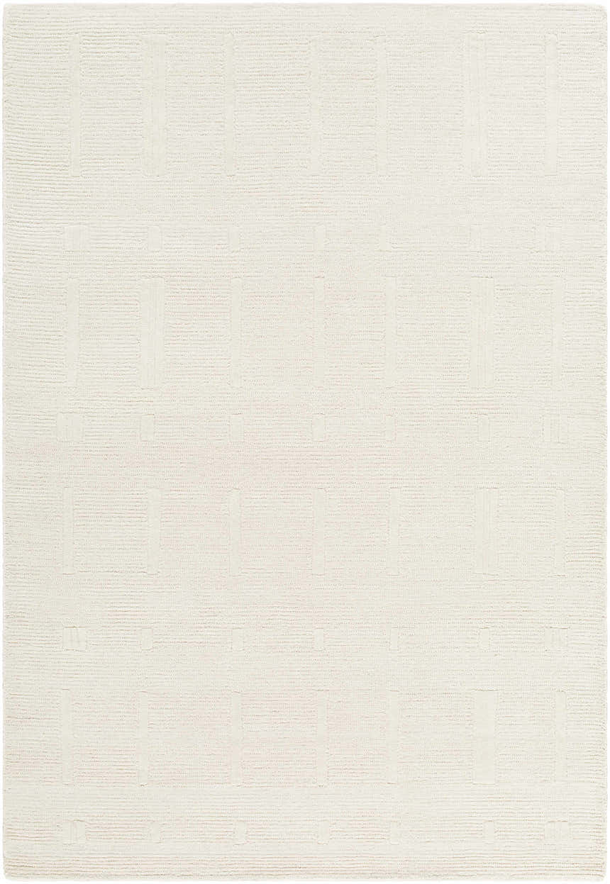 Close-up of the hand-tufted Charan Ivory Cream Area Rug. Cream wool rug with a subtle geometric pattern. Contemporary style. Design-Rectangle-576