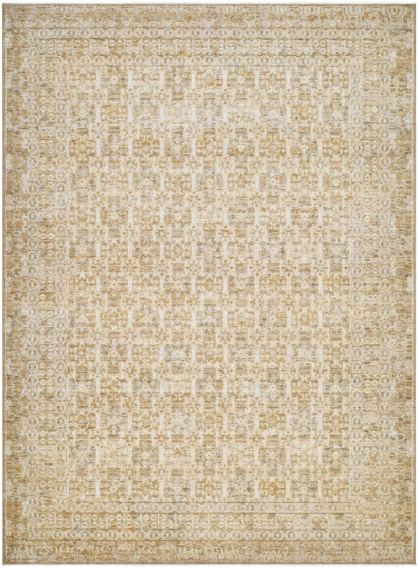 Close-up of the Becki Tan Owens x Livabliss Renaissance Area Rug, showcasing its beige, tan, and taupe traditional pattern. Design-Rectangle-810