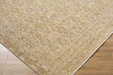 Close up of Becki Tan Owens x Livabliss Renaissance Area Rug. Beige, tan, and taupe traditional farmhouse pattern. 100% wool. Corner