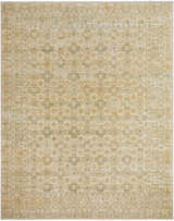 Close-up of the hand-crafted Riley Sage Green Area Rug. Beige, tan, and sage wool rug with traditional floral and geometric pattern. Design-Rectangle-710910