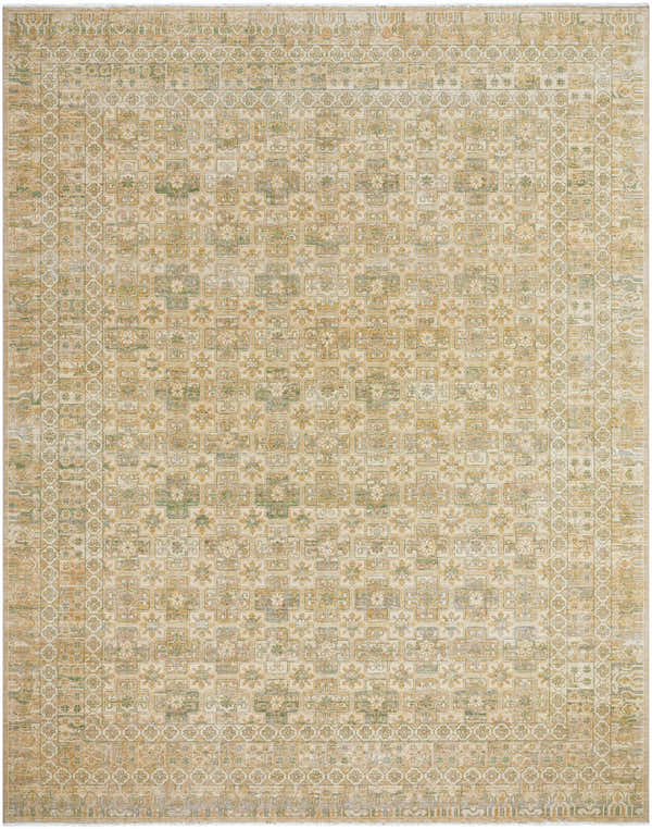 Close-up of the hand-crafted Riley Sage Green Area Rug. Beige, tan, and sage wool rug with traditional floral and geometric pattern. Design-Rectangle-710910
