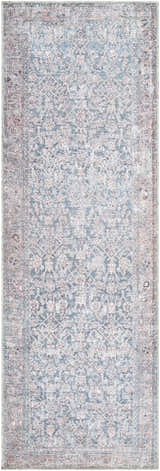 Close-up of the Lorelai Vivir x LIVABLISS VVLO-2301 washable area rug, showcasing a traditional design in denim, tan, and light sage. Design-Runner-27710