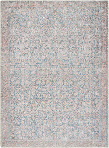 Close-up of the Lorelai Vivir x LIVABLISS rug. Machine woven with a traditional pattern in denim, tan, and light sage. Design-Rectangle-537