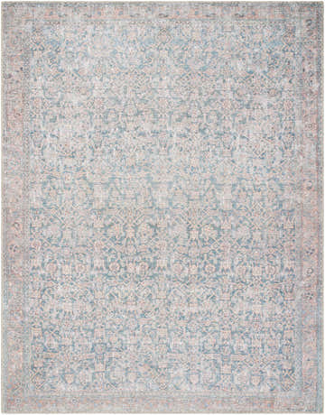 Detailed view of the Crevan Washable Area Rug featuring a traditional pattern in denim, light sage, and tan hues. Design-Rectangle-71010