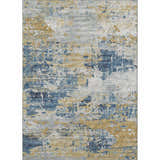 Close-up of Dalyn Camberly CM4 Navy Area Rug. Abstract design in beige, chestnut, gold, navy, and silver gray.