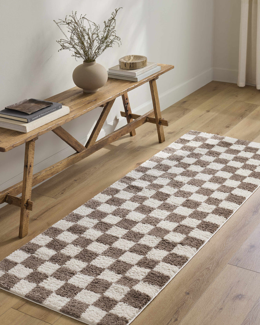 Canika Brown Washable Checkered Area Rug