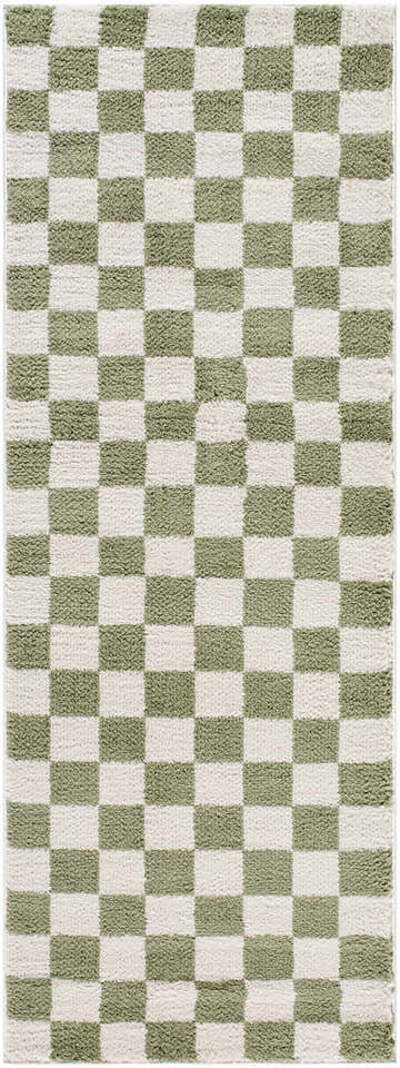 Close-up of the Canika Green Checkered Washable Plush Rug. Green and off-white checkerboard pattern with a plush texture. Design-Runner-2710