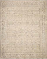 Close-up of Fetscher V Vintage Damask Area Rug. Neutral tones, traditional damask pattern, machine woven texture. Design-Rectangle