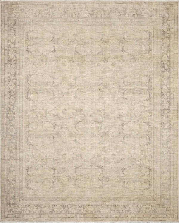 Close-up of Fetscher V Vintage Damask Area Rug. Neutral tones, traditional damask pattern, machine woven texture. Design-Rectangle
