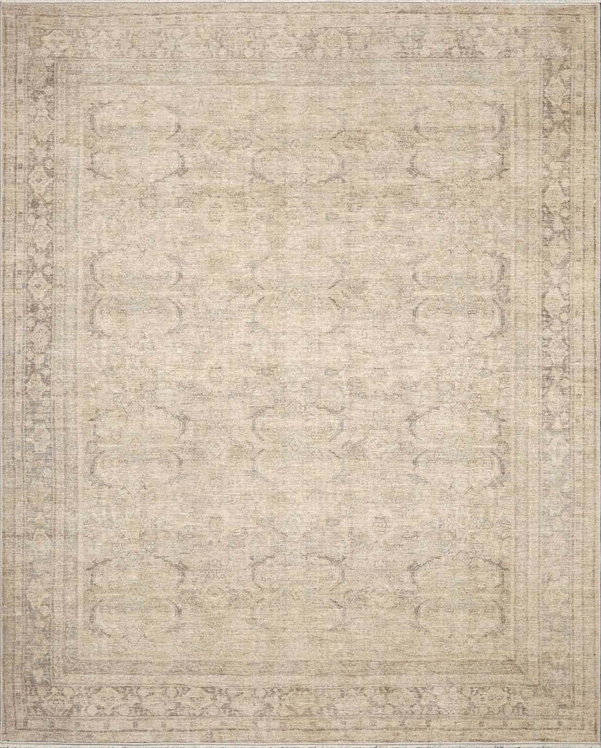 Close-up of Fetscher V Vintage Damask Area Rug. Neutral tones, traditional damask pattern, machine woven texture. Design-Rectangle