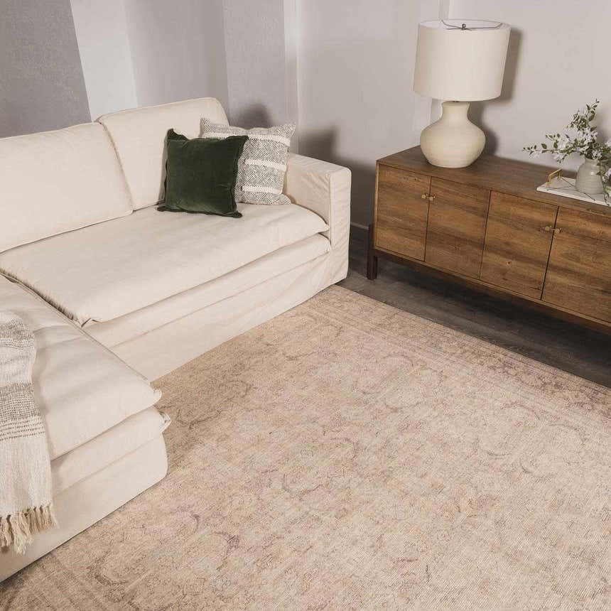 Living room scene with a neutral sofa and the Fetscher V Vintage Damask Area Rug in tan and gray. Roomscene-Rectangle