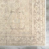 Close-up of Fetscher V Vintage Damask Area Rug. Tan rug with faded damask pattern and gray border on wood floor. Swatch