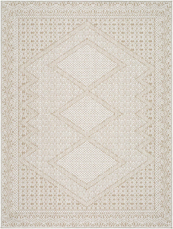 Close-up of the Chaman Area Rug, a machine-woven rug in tan and white with a traditional diamond pattern and decorative border. Design-Rectangle-537