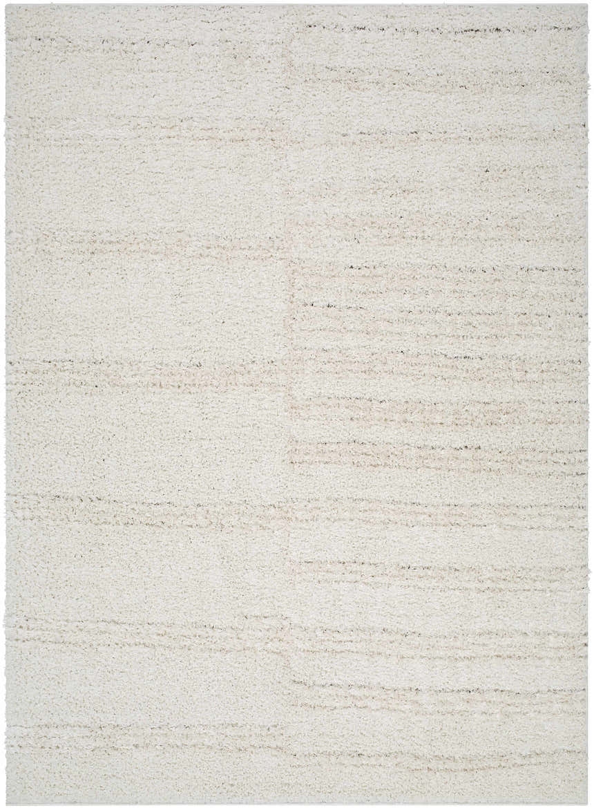 Close-up of a Cong Area Rug - Clearance. Beige shag rug with subtle horizontal stripes in bone and brown tones. Design-Rectangle-537