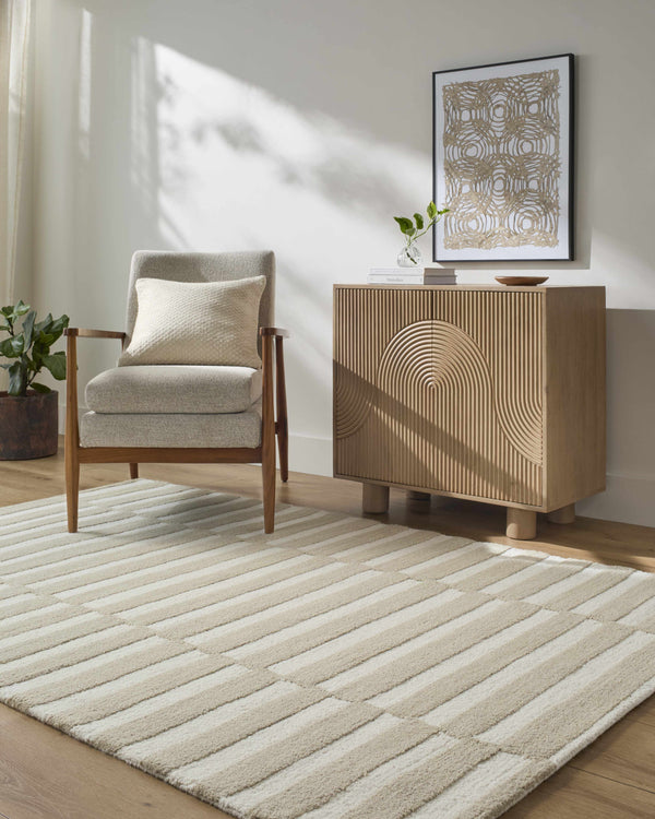 Cielle Block Striped Wool Rug - Beige Ivory