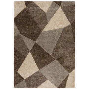 Close-up of Dalyn Carmona CO1 Fudge Area Rug featuring a geometric pattern in beige, brown, chestnut, and taupe tones.