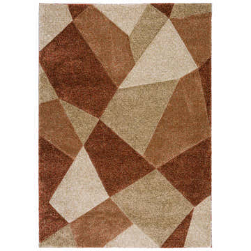 Close-up of the Dalyn Carmona CO1 Paprika area rug. Geometric pattern in beige, brown, paprika, and spice tones.