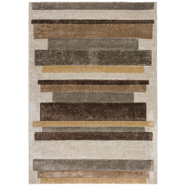 Close-up of Dalyn Carmona CO2 Flax Area Rug with beige, brown, gold, and flax horizontal stripes. Farmhouse style.