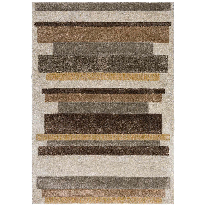 Close-up of Dalyn Carmona CO2 Flax Area Rug with beige, brown, gold, and flax horizontal stripes. Farmhouse style.