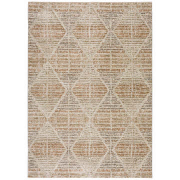 Close-up of the Dalyn Carmona CO8 Parchment Area Rug. Beige, chestnut, and ivory diamond pattern with a textured, farmhouse style.