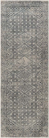 Close-up of the Coledale Black & White Washable Rug. Features a detailed oriental pattern in black, gray, and light gray. Design-Runner-2773