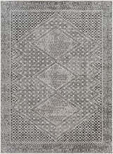 Close-up of the Coledale Black & White Washable Rug. Features a geometric, oriental-inspired pattern in black, gray, and light gray. Design-Rectangle-537