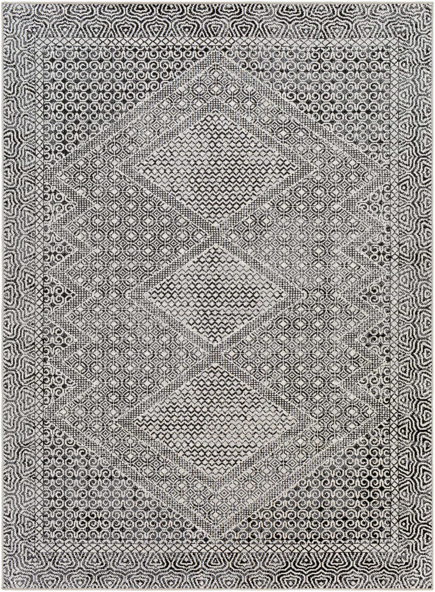 Close-up of the Coledale Black & White Washable Rug. Features a geometric, oriental-inspired pattern in black, gray, and light gray. Design-Rectangle-537