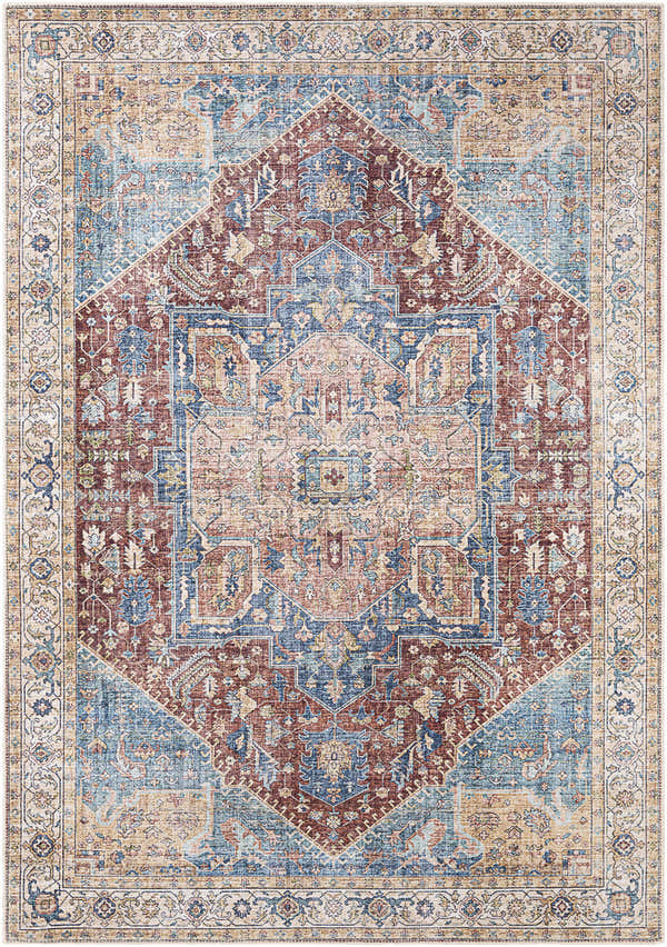 Detailed view of the Como Washable Runner Rug in blue, brick red, and beige with a traditional Persian-inspired pattern. Design-Rectangle-5373