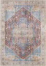 Detailed view of the Como Washable Runner Rug in blue, brick red, and beige with a traditional Persian-inspired pattern. Design-Rectangle-5373