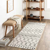 Entryway with Scandi Moroccan Trellis Rug runner, wood bench, and shelf styled with books and decor. Roomscene-Runner