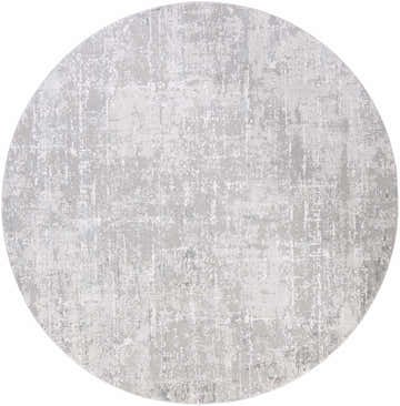 Close-up of Livabliss Aisha Surya AIS-2305 round area rug in gray, light gray, and off-white with a contemporary abstract pattern. Design-Round-710