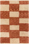 Close-up of the Coleka Area Rug. Hand-tufted wool rug in a brick red and tan checkerboard pattern. Contemporary style. Design-Rectangle-576