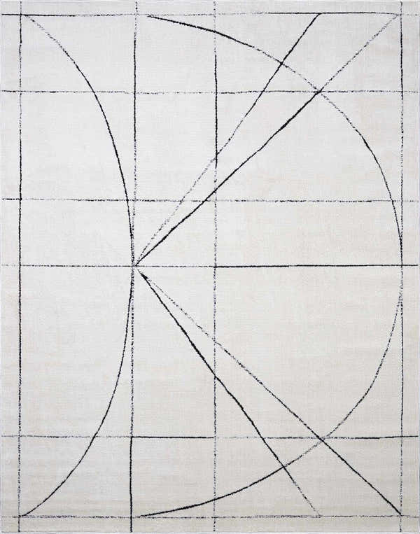 Close-up of Modern Scandi Architect V Area Rug. Black lines form geometric shapes on an ivory, high pile, machine woven rug. Design-Rectangle