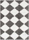 Close-up of the Celine Area Rug, a shag rug with a charcoal and cream diamond pattern. Design-Rectangle-537