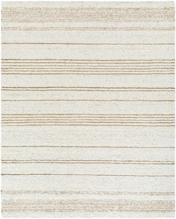Close-up of the hand woven Ciaran Area Rug. Ivory wool rug with sandstone and taupe horizontal stripes. Design-Rectangle-810