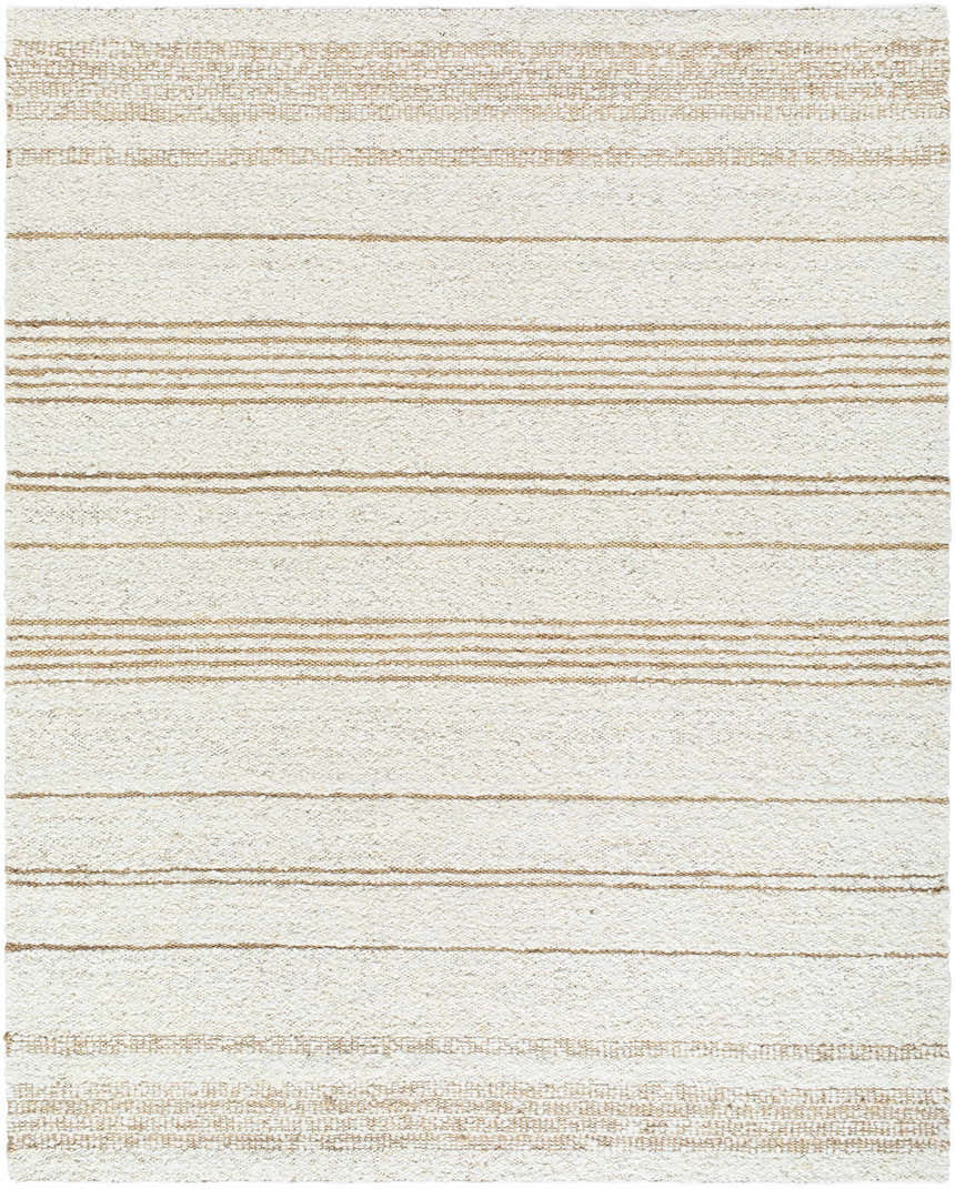 Close-up of the hand woven Ciaran Area Rug. Ivory wool rug with sandstone and taupe horizontal stripes. Design-Rectangle-810