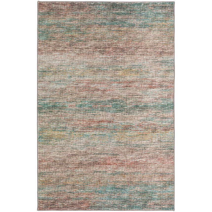 Close-up of the Dalyn Indoor/Outdoor Ciara CR1 Mocha Area Rug. Features beige, brown, teal, and gold horizontal stripes.