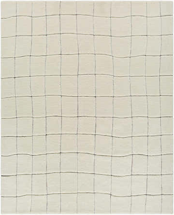 Close-up of the Caolan Washable Wool Rug. The rug is off-white with a simple, raised grid pattern. Hand-tufted texture. Design-Rectangle-810