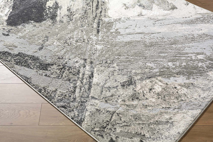 Close-up of the Chaeli Area Rug showing its beige, black, charcoal, and ivory contemporary design and textured surface. Corner
