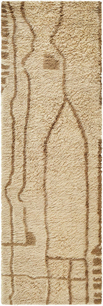 Close-up of the hand-tufted Chesna Area Rug. Beige wool rug with a geometric sandstone and taupe pattern. Farmhouse style. Design-Runner-268