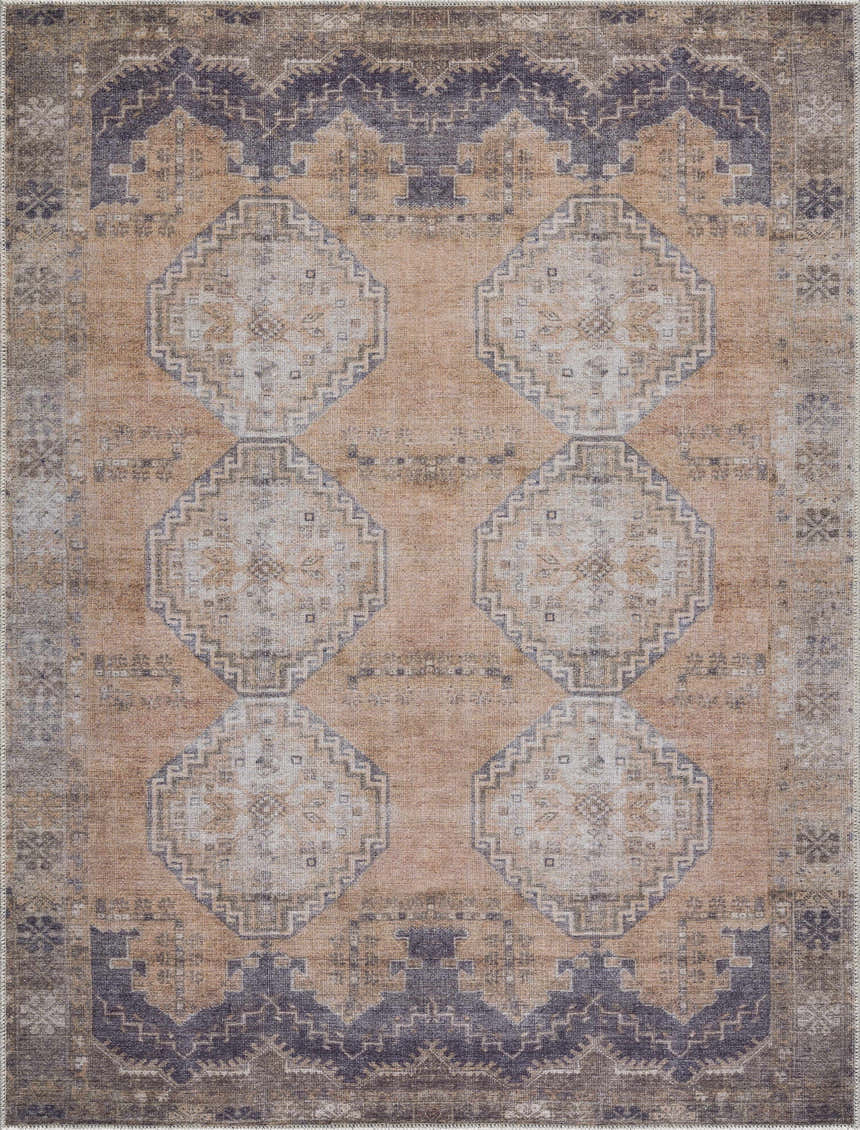 Close-up of the Carrabelle Peach Washable Area Rug. Features a traditional oriental design in peach, ivory, and navy. Design-Rectangle-537